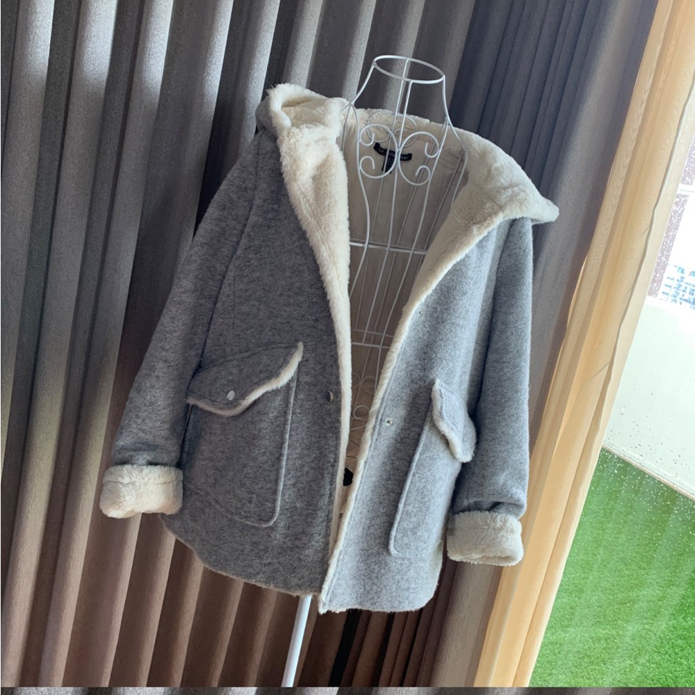 Zara Grey Marl Wool and Faux Sherling Fur Winter Jacket